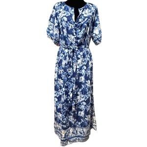 LOFT Maxi Dress Blue White Size M Tropical Print Belt Side Slits Covered Buttons